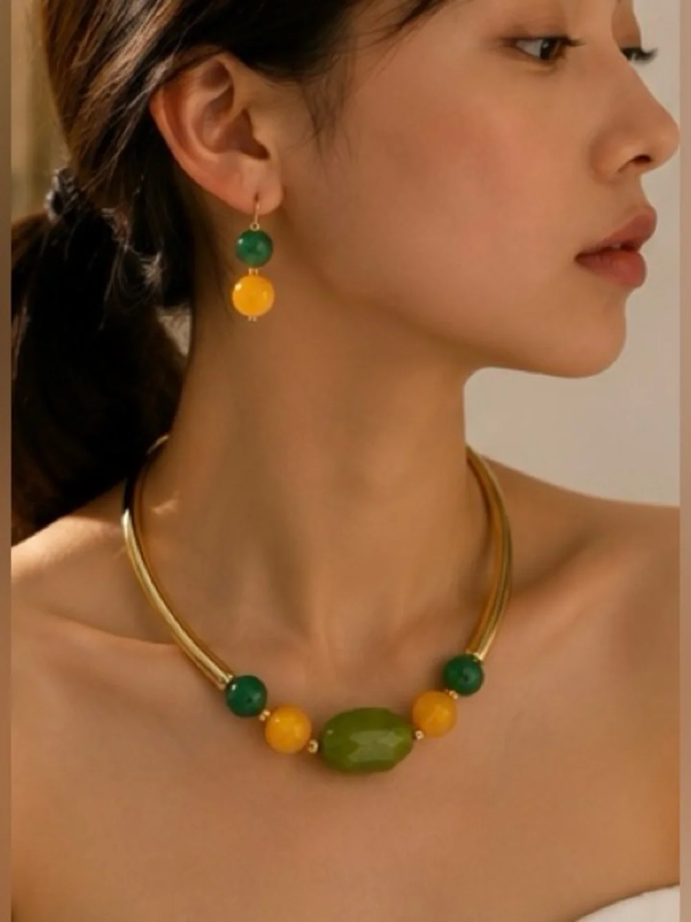 Anthropologie Green and Yellow Beaded Necklace with Matching Earrings